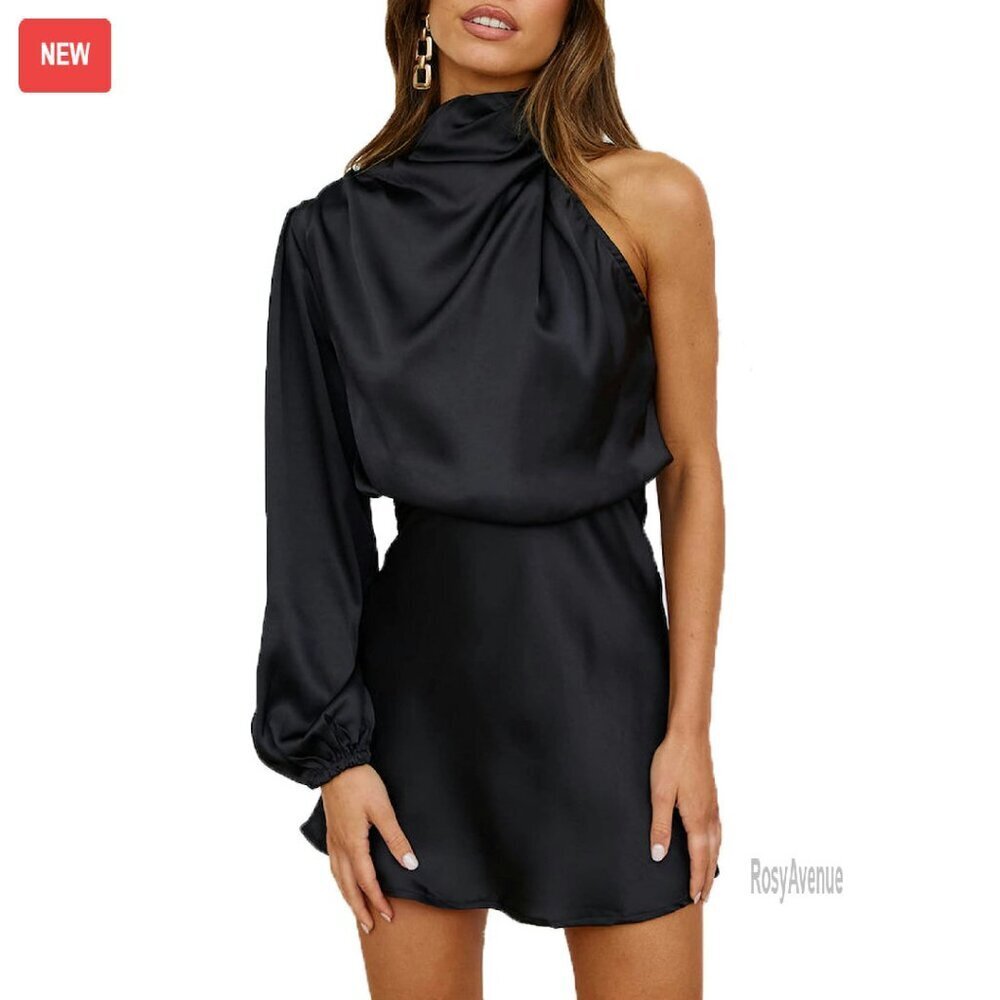 Satin One Shoulder Mini Dress Long Sleeve Back Cutout Cocktail